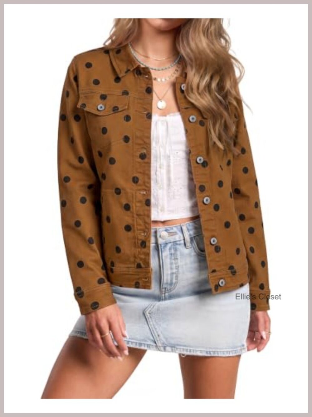 Women Polka Dot Stretch Denim Jacket with Pockets